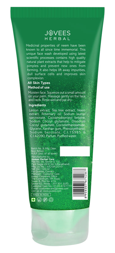 Jovees Herbal Neem Face Wash With Neem & Tea Tree Extracts | For Oily & Acne Prone Skin | Oil Control, Remove Impurities And Prevents Pimples For Men & Women | 120 ML